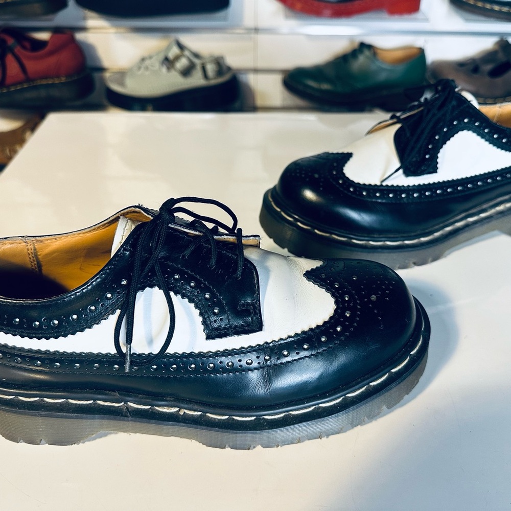 Dr. Martens Vintage Black and White Wingtip Oxfords w/ White Stitching - England